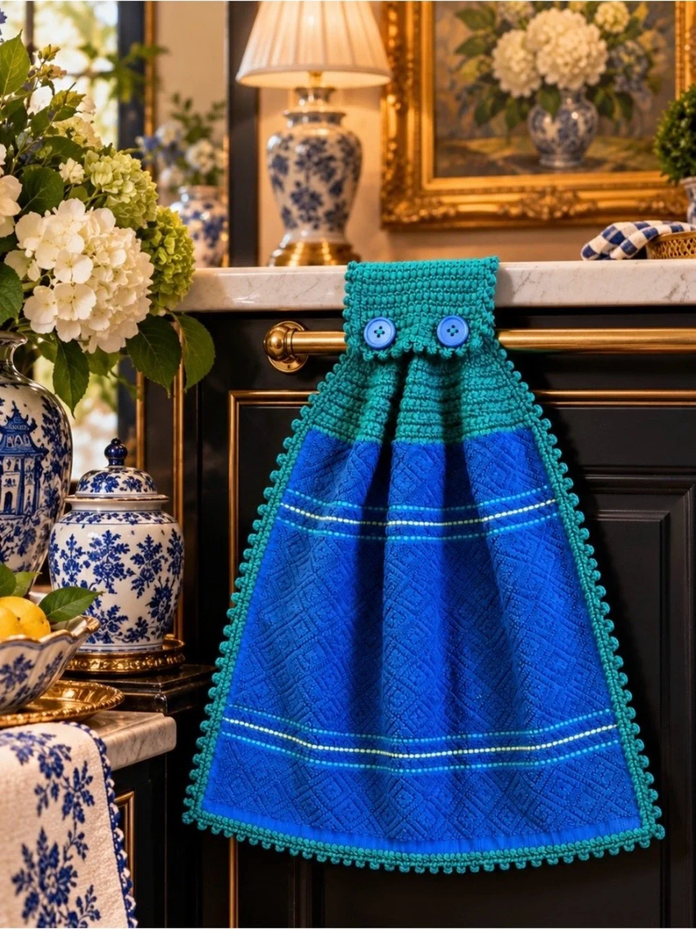 Handmade Crochet Hanging Kitchen Towel Royal Blue Teal Mainstays